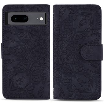 För Google Pixel 7 5G Fall- och slitstarkt Imprint Flower-telefonfodral med plånbokdesign och stativ i kalvtextur av läder.