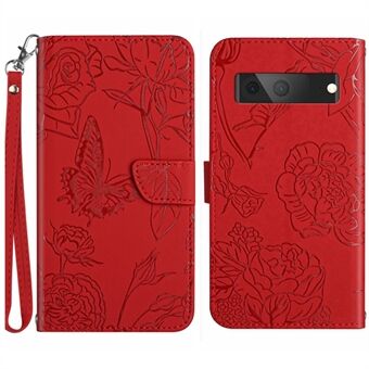 HT03 Fjärilsblommor Telefonfodral för Google Pixel 7a PU-läder Stå plånboksskal med rem.