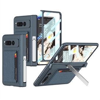 För Google Pixel Fold PU Läder+PC Bilkort Telefonväska Magnetiskt Hinde Skydd Stödskydd med Härdat Glas Skärmskydd