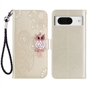 För Google Pixel 8 Strass Telefonfodral i läder med tryckt uggla och blomma, ståfunktion och plånboksdesign.