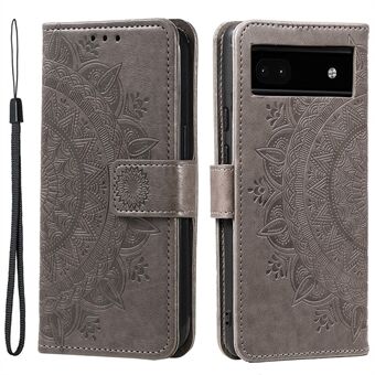 För Google Pixel 8a-fodral med Mandala-blommor, präglat läderöverdrag med rem.