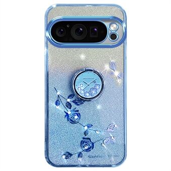 KADEM För Google Pixel 9 / Pixel 9 Pro skal Ring Kickstand Rhinestone Flower TPU Anti-Scratch Telefonfodral