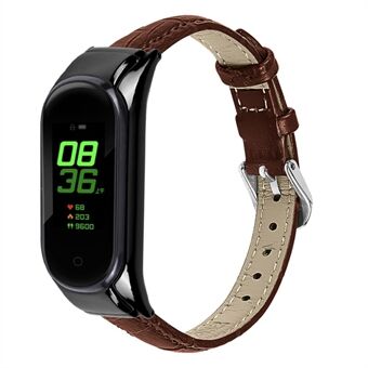 För Xiaomi Mi Band 7 Top Layer Kohud Läder Bamboo Grain Watch Band med Anti-fall Black Watch Cover