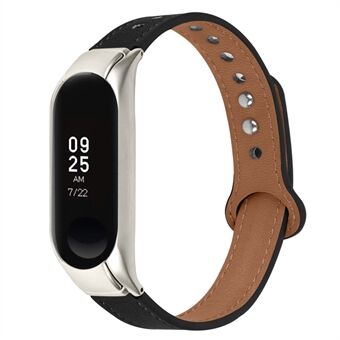 För Xiaomi Mi Band 3/4 justerbart armband, dubbelnitdesignersättningsrem i toppskikt av kohud, silverurfodral