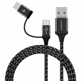 MOMAX ZERO 1m Micro USB + Type-C Sync Nylon flätad laddningsdatakabel - Svart