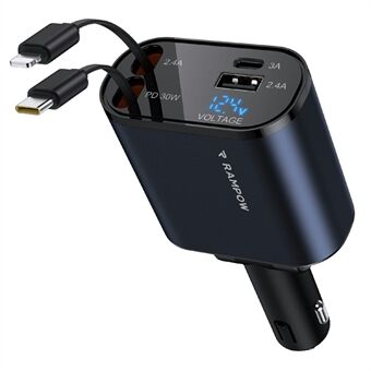 RAMPOW 50W Bil Laddare USB + Typ-C Uttag Laddningsstation med Utdragbara Typ-C + 8-Pins Kablar - Svart