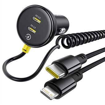 BASEUS Cirkulär Plast Billaddare 60W Dubbel Type-C Adapter med Type-C+Lightning Spiral Kabel - Svart