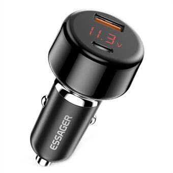 ESSAGER 65W Billaddare USB-A + Typ-C Dubbelport Billaddaradaptern med Digital Display Kompatibel med Huawei, Samsung, Xiaomi - Svart