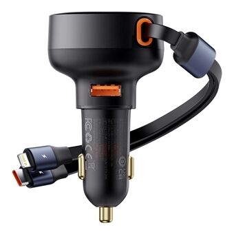 BASEUS Enjoyment Pro 60W Billaddare USB-portadapter med Type-C + iP Infällbar Kabel - Svart