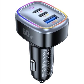 C08 60W USB + Dubbel USB-C Billaddare Snyggt Miljöljus Telefon Snabbladdande Strömadapter