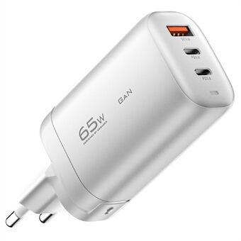 ESSAGER 65W GaN reseladdningsdocka strömadapter 3-utgångstyp-C+ USB-A EU-kontakt väggladdare [med CE-certifikat] för surfplattor/smarttelefoner