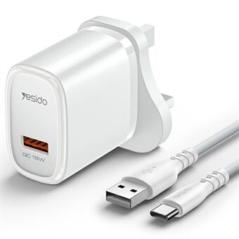 YESIDO YC85C UK Kontakt Enstaka USB Port Väggladdare 18W Telefon Surfplatta Snabbladdningsadapter med Kabel