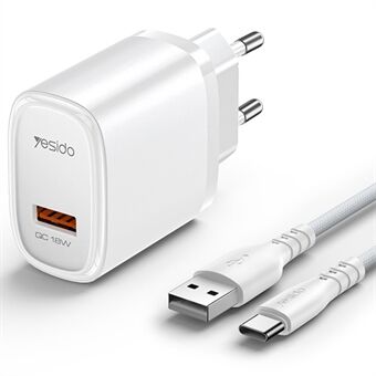 YESIDO YC66C EU-kontakt Enkel USB-port Väggladdare 18W Telefon Surfplatta Snabbladdningsadapter med Kabel