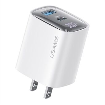 USAMS CC230 30W Snabbladdning GaN Adapter USB-C+USB-C Dual Port Väggladdare Strömdisplay, US Plug