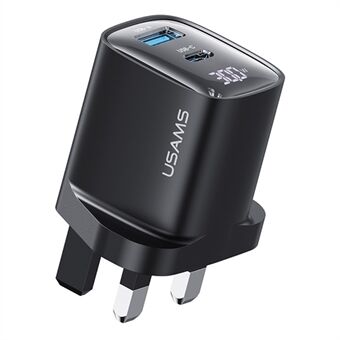 USAMS CC231 30W GaN Adapter Dual Port Snabbladdare för Vägg, Strömdisplay, UK-kontakt