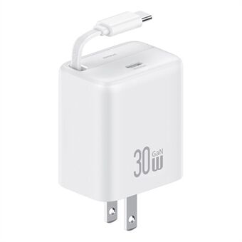 USAMS CC243 30W GaN Power Adapter PD3.0+QC3.0 Snabbladdare med indragbar Type-C-kabel, US-kontakt