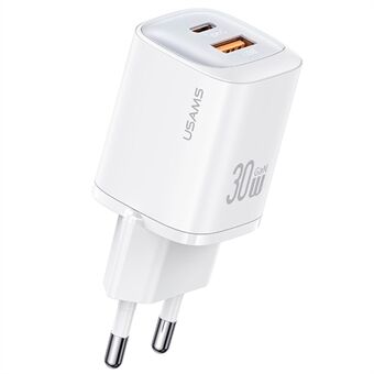 USAMS CC254 30W GaN Laddare Type-C + USB-A Kompakt Snabbladdning Väggadapter, EU Plug