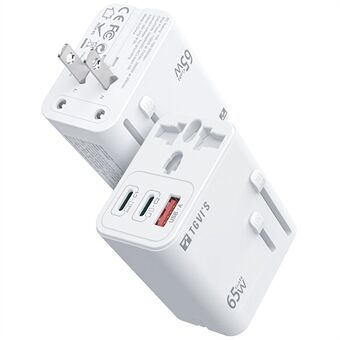 TGVI:s universella reseadapter GaN 65W snabbladdare med 1 USB-A + 2 Type-C-portar - Vit