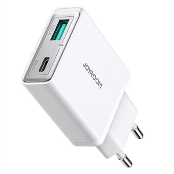 JOYROOM JR-TCF14 20W Snabbladdare USB-C+USB-A Dubbla Portar Adapter, EU-Plugg för iPhone 16-15 Serien - Vit