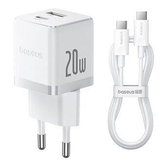 BASEUS Palm USB+Type-C Dubbelport 20W Snabbladdare EU-plugg Väggladdningsadapter med 60W Type-C Kabel