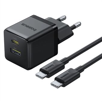 BASEUS Palm Snabbladdare 30W Type-C+USB Dubbla Portar EU-kontakt Väggladdningsadapter med 60W Type-C-kabel