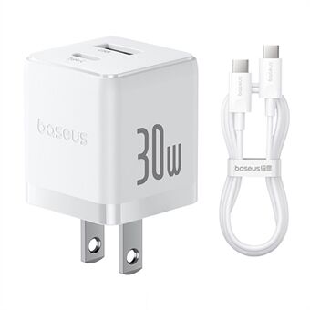 BASEUS Palm Snabbladdare 30W Typ-C+USB Dubbel Port US-kontakt Väggladdningsadapter med 60W Typ-C kabel