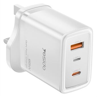 YESIDO YC89 USB-A + iP + Typ-C 3-portars strömadapter PD 65W snabbladdande väggladdare, brittisk kontakt