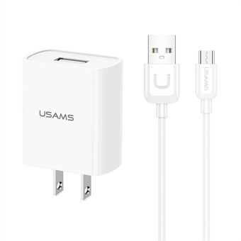 USAMS T21 Single USB Port Reseväggladdare US Plug Strömadapter med mikrokabel - Vit