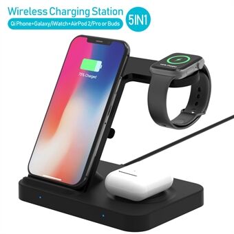 F16 5-i-1 trådlös laddningsstation Snabbladdningsdocka för iPhone/Apple Watch/AirPods/ Samsung Galaxy Buds/Galaxy Watch