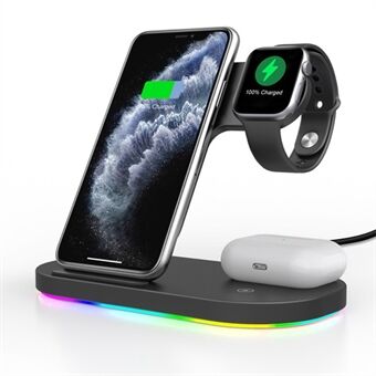 3 i 1 15W snabbladdning Qi trådlöst Stand för Apple iPhone iWatch Airpods hörlurar - svart