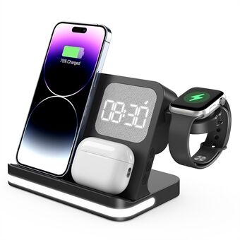 B-22 3 i 1 Trådlös Laddare 15W Laddningsstation för iPhone / Apple Watch, AirPods med Väckarklocka