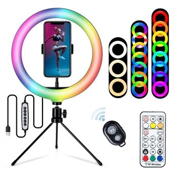 S26-RGB 10-tum RGB LED- Ring Selfiefotograferingsljus med telefonhållare och stativ