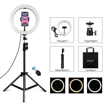 PULUZ PKT3069B 1,1 m stativfäste + 10,2-tum 26 cm dimbar dubbelfärgstemperatur USB LED- Ring Selfiefotografering Videofyllningsljus med telefonklämma och selfie-fjärrkontroll