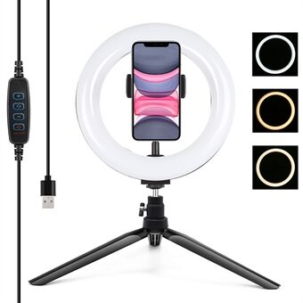 PULUZ PKT3073B s 20 cm Ring + stationär stativfäste USB 3 lägen Dimbar Dubbelfärgstemperatur Vloggning Selfiefotografering LED- Ring med telefonklämma