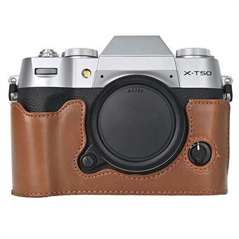 För Fujifilm X-T50 PU-läder halvsfodral grepp digital kameraväska med öppningsbar botten