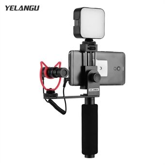 YELANGU Smartphone Handgrepp Stabilisator Handhållen Vlogging Hållare Montering 40mm-85mm Bredd med mikrofon och Mini LED-ljus